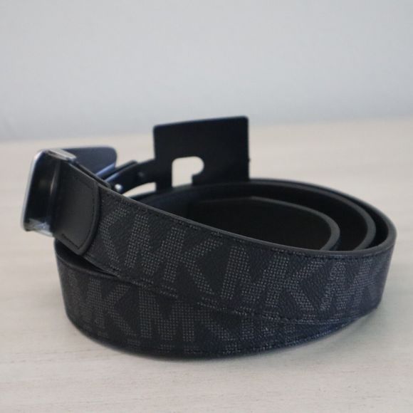 Michael Kors 86S3SBLY7B Men Sz 34 Black MK Silver 31mm Fast MK Plaque Belt - Picture 3 of 8